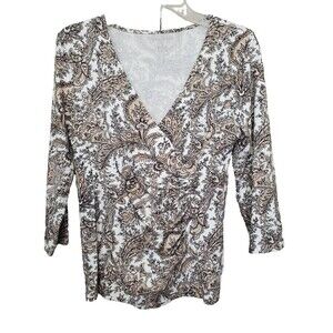 Talbots Brown Paisley Cotton Blend Faux Wrap Top Size Small